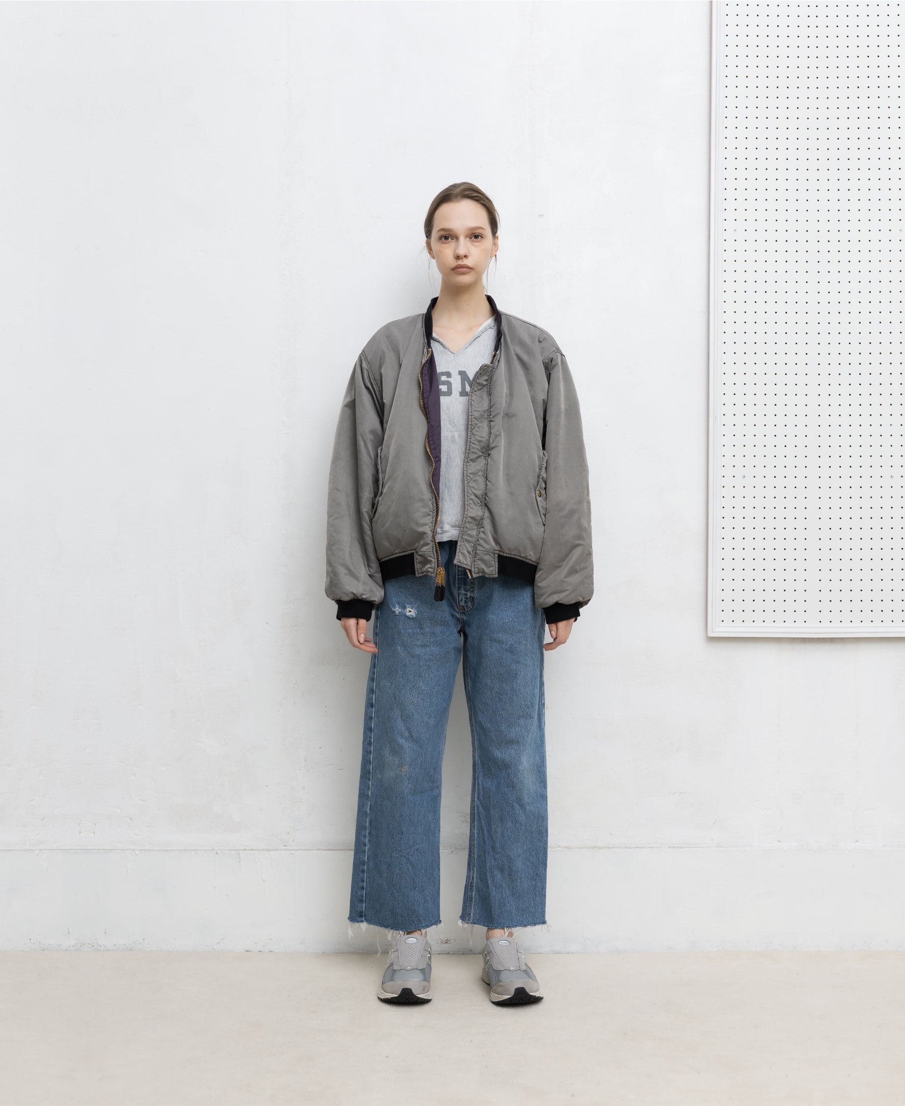 90s ADDZEST ボンバージャケット　シルバー　キルティング　M 短丈 ガーメントダイ ダブルフェイスナイロンボンバージャケット - シルバー