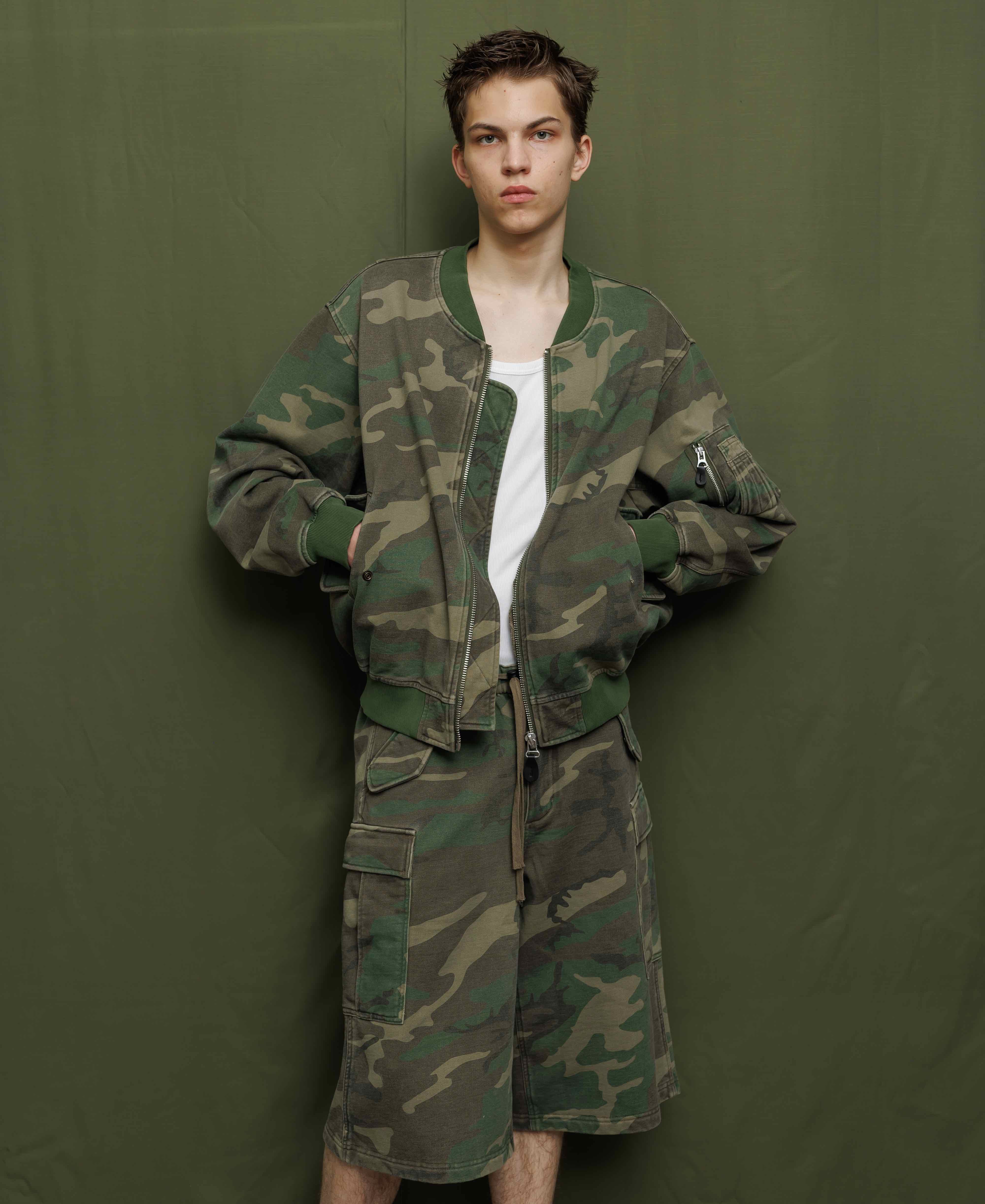 サンフェイドウォッシュ スウェットボンバージャケット - ウッドランドカモ