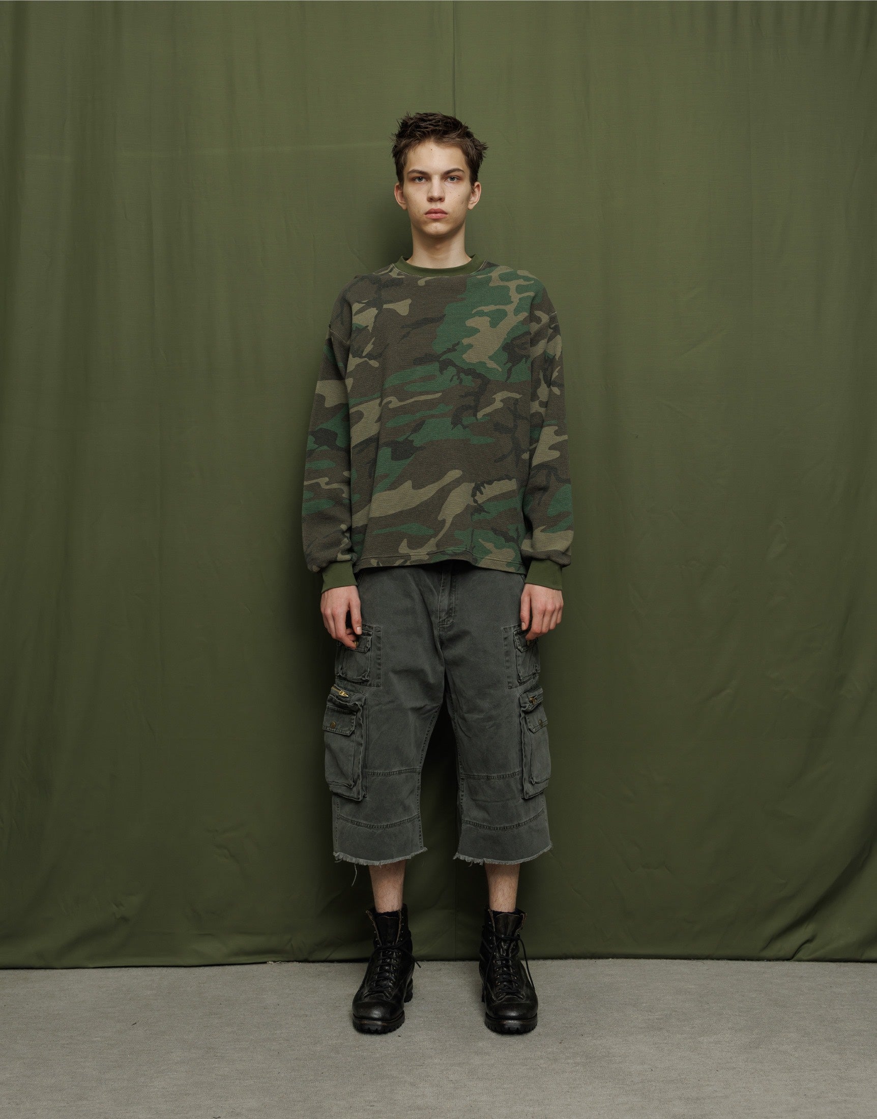 ヴィンテージウォッシュ ワッフルサーマルシャツ - ウッドランドカモ